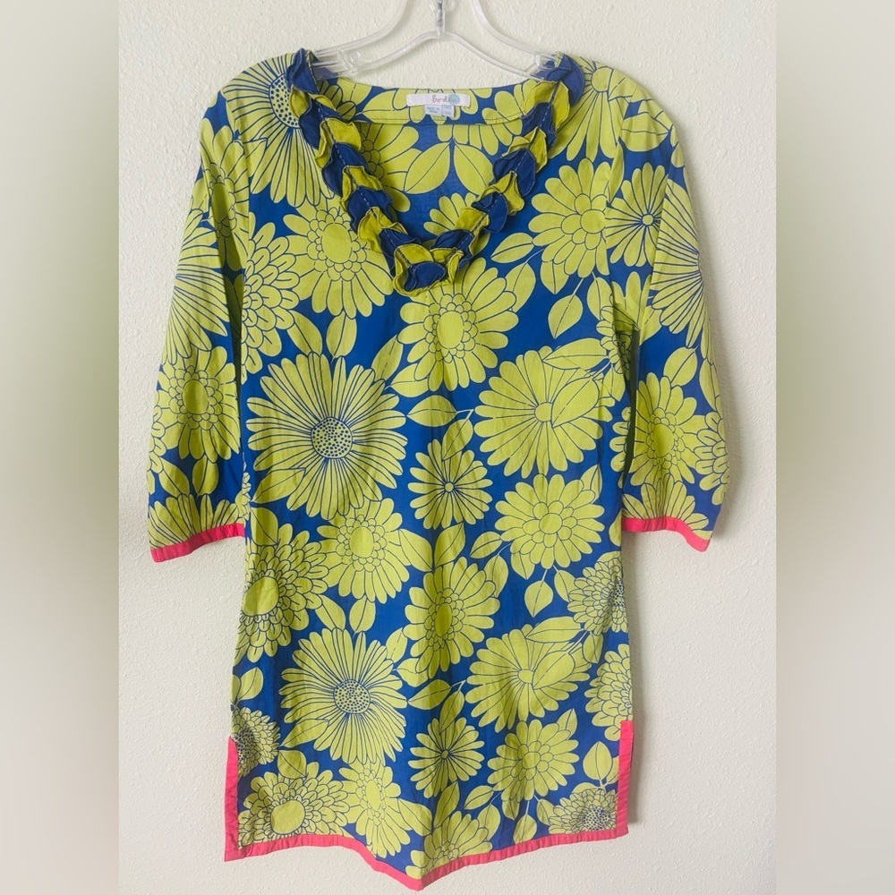 Boden Green Purple Orange Trim Floral Ruffle Collar Cotton Tunic Dress Size: 6